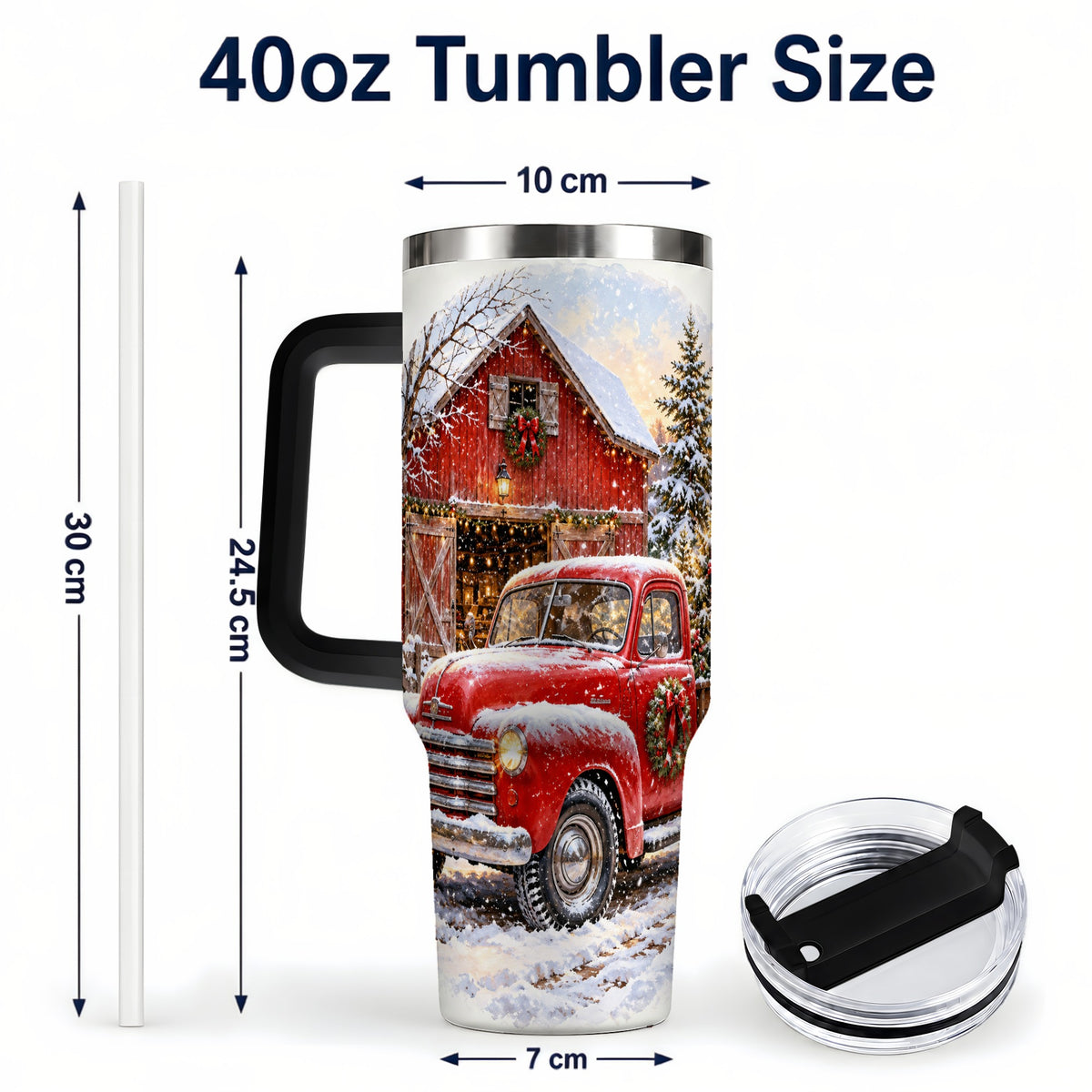 #pl[40oz|Black] Red Vintage Truck 40oz Tumbler with Handle, Winter Farmhouse Travel Cup