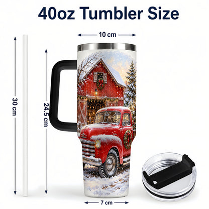 #pl[40oz|Black] Red Vintage Truck 40oz Tumbler with Handle, Winter Farmhouse Travel Cup