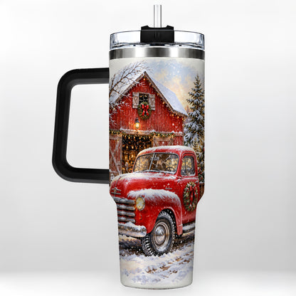 #pl[40oz|Black] Red Vintage Truck 40oz Tumbler with Handle, Winter Farmhouse Travel Cup