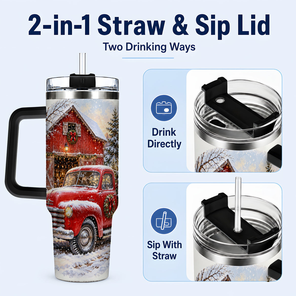 #pl[40oz|Black] Red Vintage Truck 40oz Tumbler with Handle, Winter Farmhouse Travel Cup