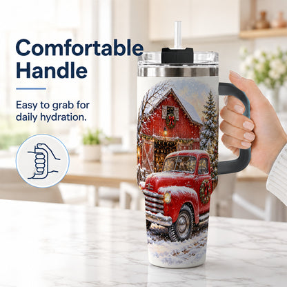 #pl[40oz|Black] Red Vintage Truck 40oz Tumbler with Handle, Winter Farmhouse Travel Cup
