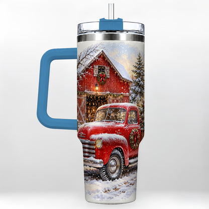 #pl[40oz|Blue] Red Vintage Truck 40oz Tumbler with Handle, Winter Farmhouse Travel Cup