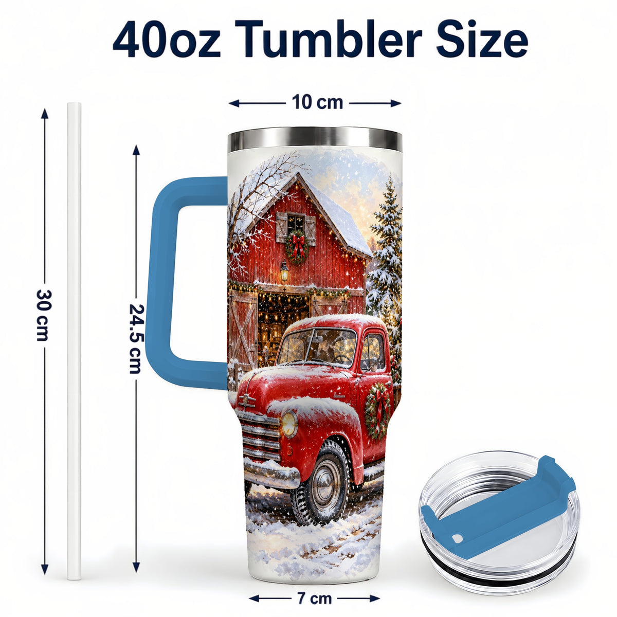 #pl[40oz|Blue] Red Vintage Truck 40oz Tumbler with Handle, Winter Farmhouse Travel Cup