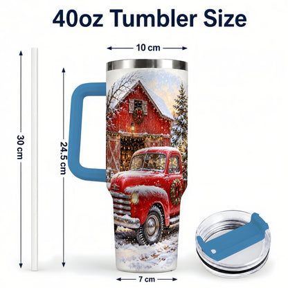 #pl[40oz|Blue] Red Vintage Truck 40oz Tumbler with Handle, Winter Farmhouse Travel Cup