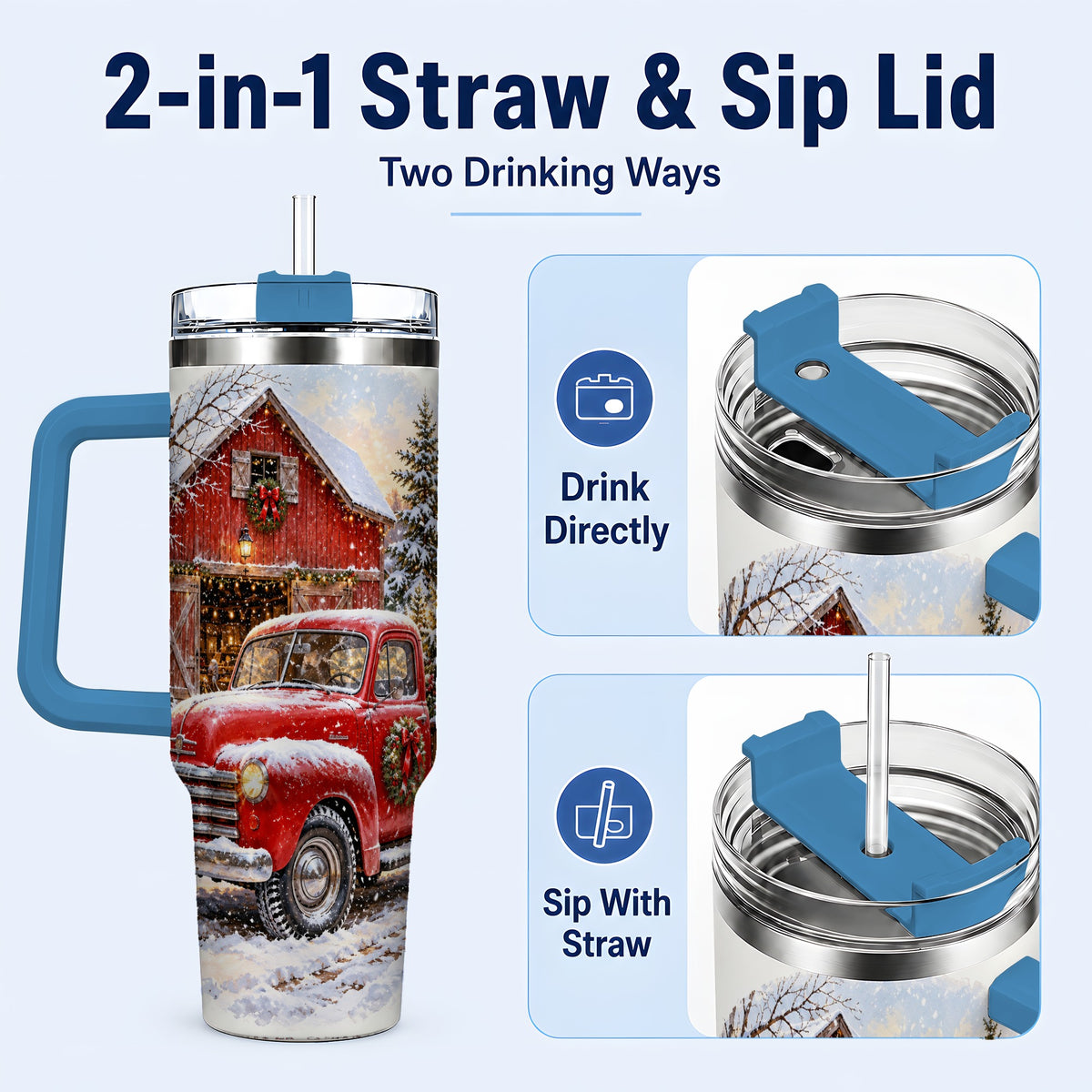 #pl[40oz|Blue] Red Vintage Truck 40oz Tumbler with Handle, Winter Farmhouse Travel Cup