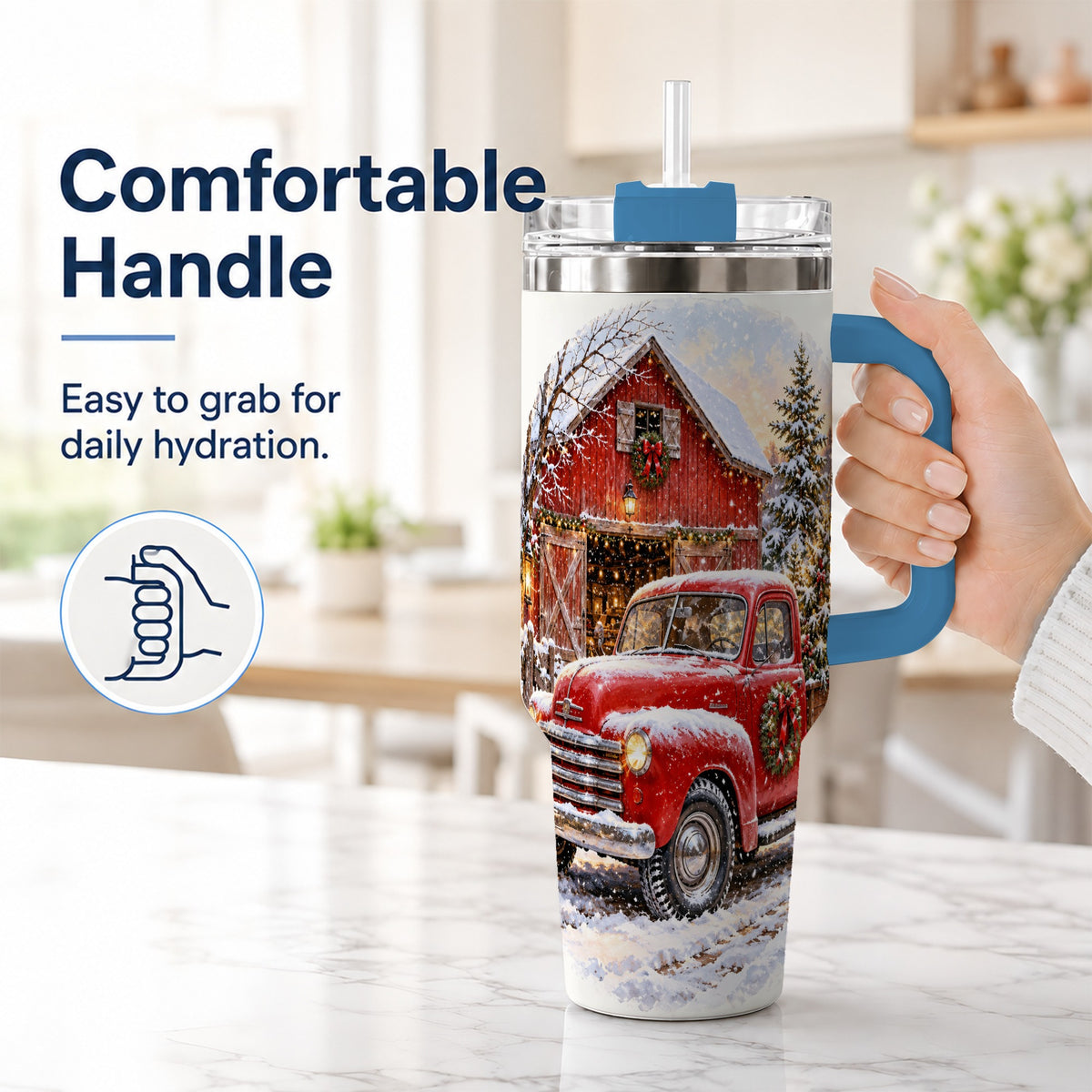 #pl[40oz|Blue] Red Vintage Truck 40oz Tumbler with Handle, Winter Farmhouse Travel Cup