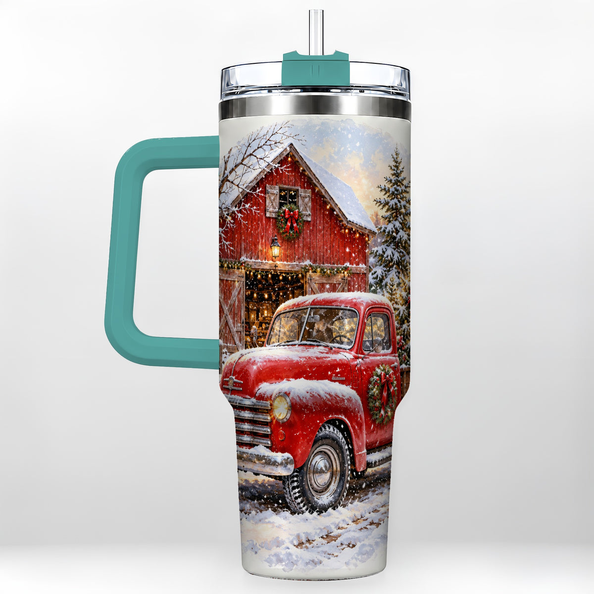 #pl[40oz|Green] Red Vintage Truck 40oz Tumbler with Handle, Winter Farmhouse Travel Cup