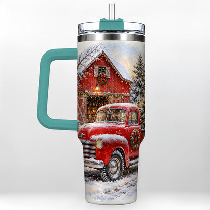 #pl[40oz|Green] Red Vintage Truck 40oz Tumbler with Handle, Winter Farmhouse Travel Cup