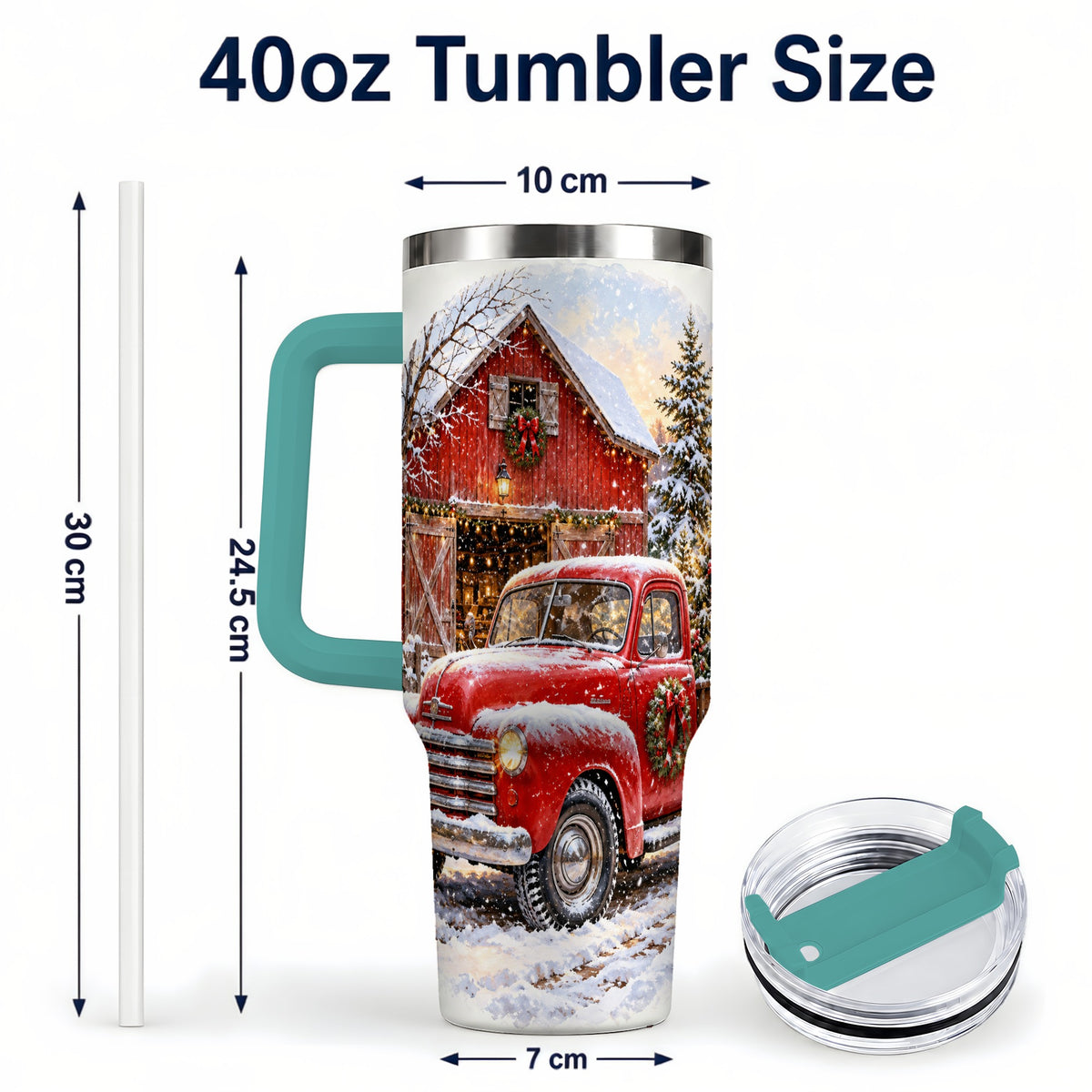 #pl[40oz|Green] Red Vintage Truck 40oz Tumbler with Handle, Winter Farmhouse Travel Cup