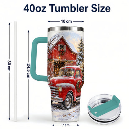 #pl[40oz|Green] Red Vintage Truck 40oz Tumbler with Handle, Winter Farmhouse Travel Cup