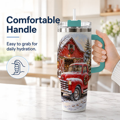 #pl[40oz|Green] Red Vintage Truck 40oz Tumbler with Handle, Winter Farmhouse Travel Cup
