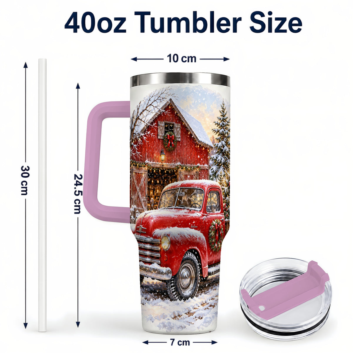 #pl[40oz|Pink] Red Vintage Truck 40oz Tumbler with Handle, Winter Farmhouse Travel Cup
