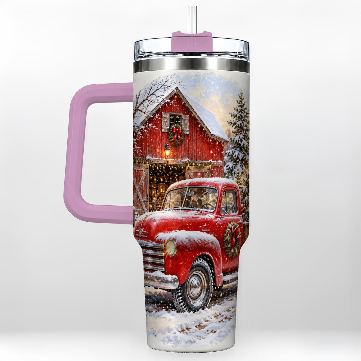 #pl[40oz|Pink] Red Vintage Truck 40oz Tumbler with Handle, Winter Farmhouse Travel Cup