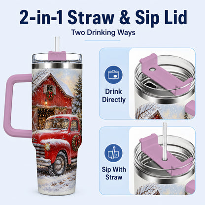 #pl[40oz|Pink] Red Vintage Truck 40oz Tumbler with Handle, Winter Farmhouse Travel Cup