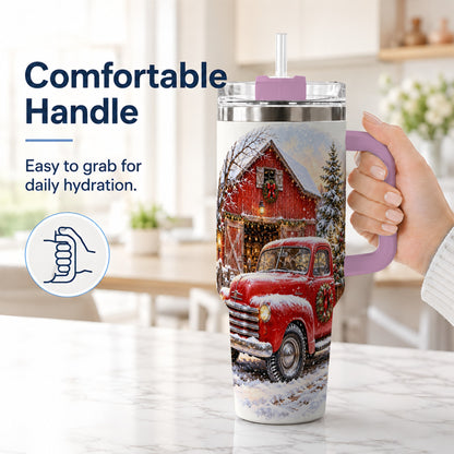 #pl[40oz|Pink] Red Vintage Truck 40oz Tumbler with Handle, Winter Farmhouse Travel Cup