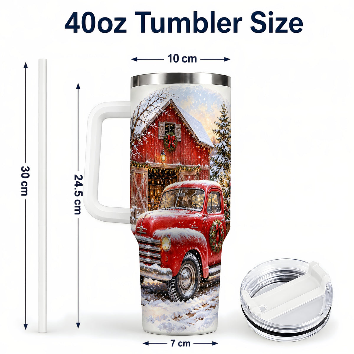 #pl[40oz|White] Red Vintage Truck 40oz Tumbler with Handle, Winter Farmhouse Travel Cup