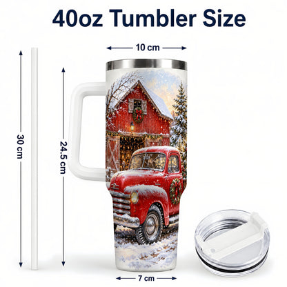 #pl[40oz|White] Red Vintage Truck 40oz Tumbler with Handle, Winter Farmhouse Travel Cup