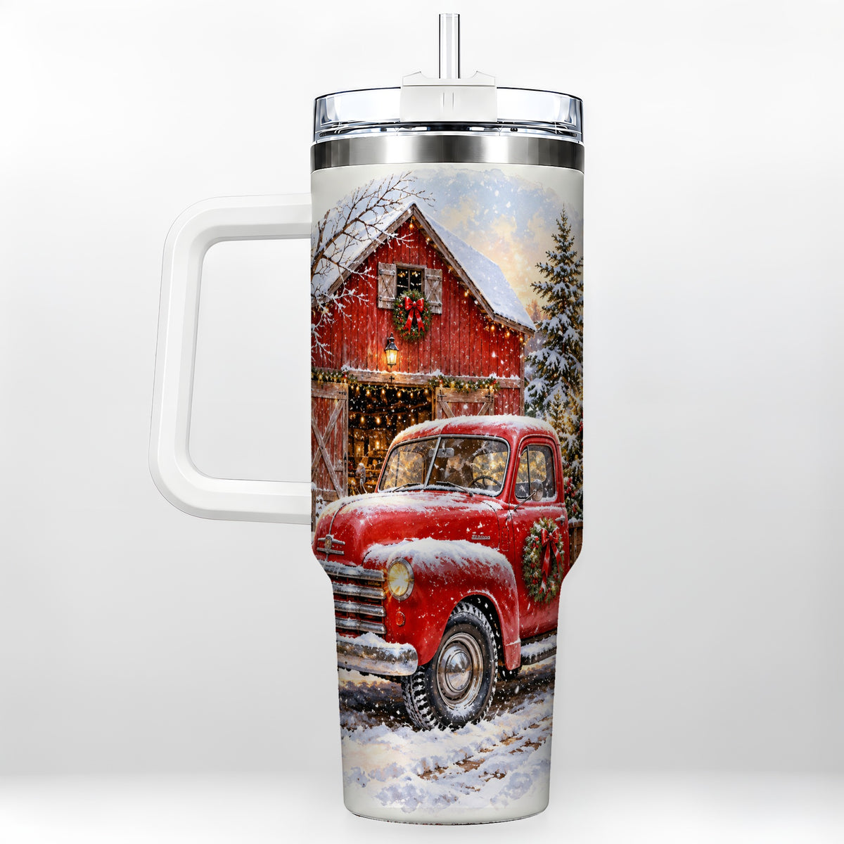 Red Vintage Truck 40oz Tumbler with Handle, Winter Farmhouse Travel Cup