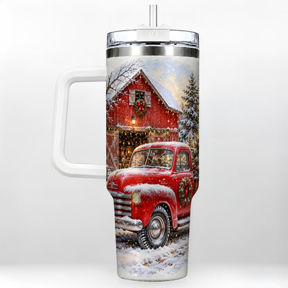 Red Vintage Truck 40oz Tumbler with Handle, Winter Farmhouse Travel Cup