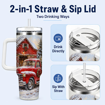 #pl[40oz|White] Red Vintage Truck 40oz Tumbler with Handle, Winter Farmhouse Travel Cup
