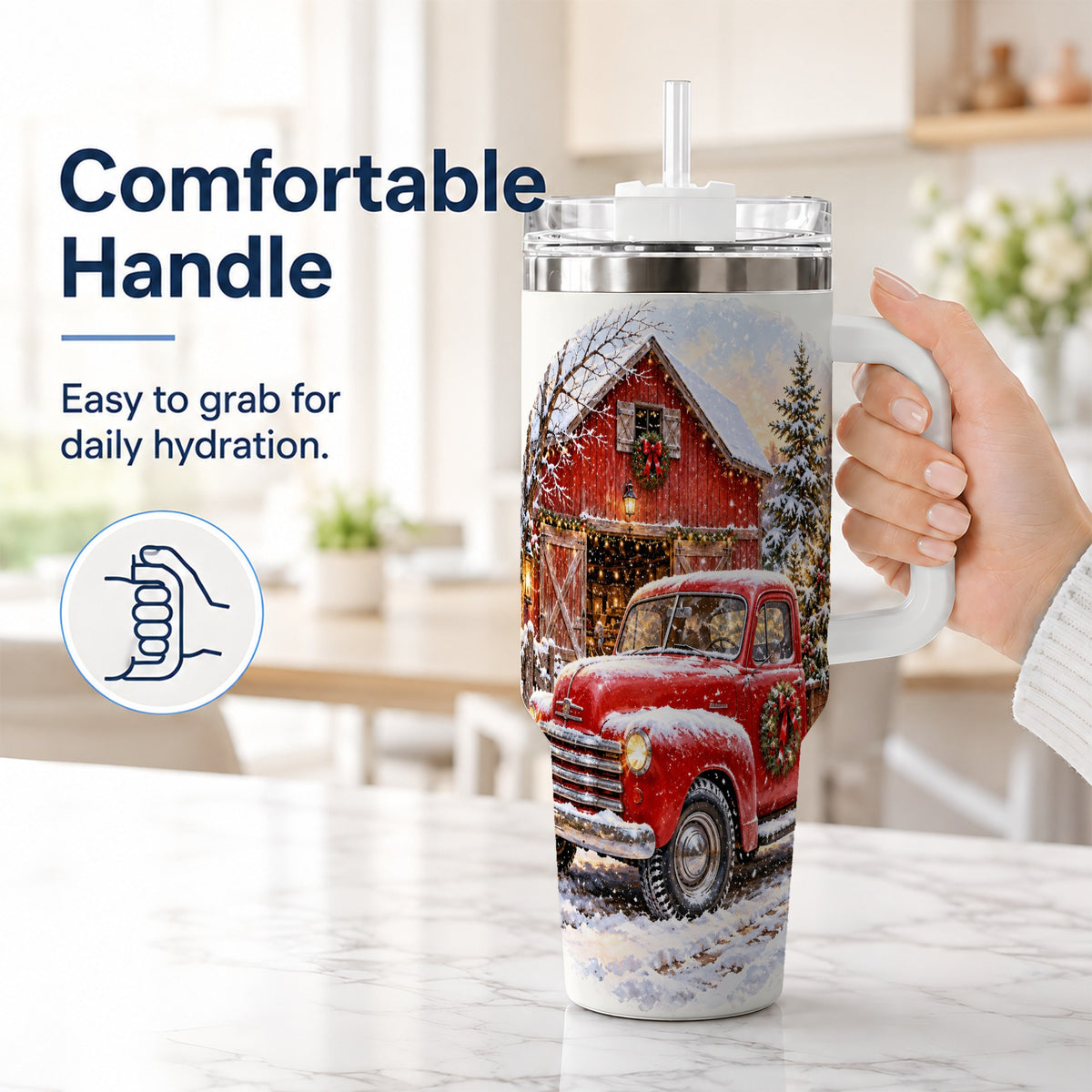 #pl[40oz|White] Red Vintage Truck 40oz Tumbler with Handle, Winter Farmhouse Travel Cup