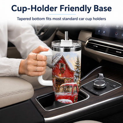 Red Vintage Truck 40oz Tumbler with Handle, Winter Farmhouse Travel Cup