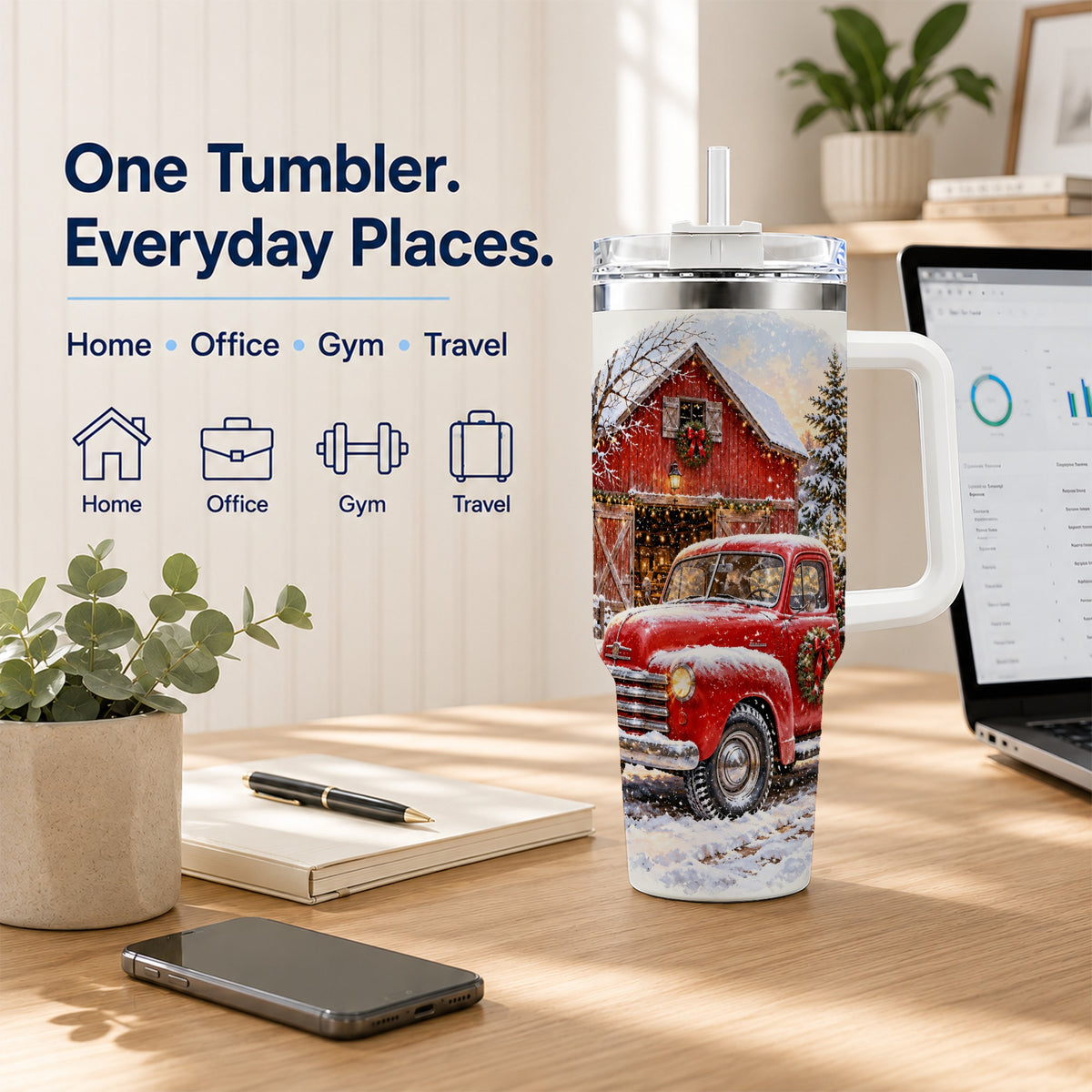 Red Vintage Truck 40oz Tumbler with Handle, Winter Farmhouse Travel Cup