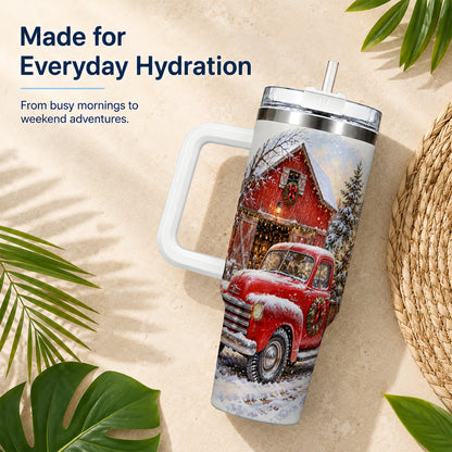 Red Vintage Truck 40oz Tumbler with Handle, Winter Farmhouse Travel Cup