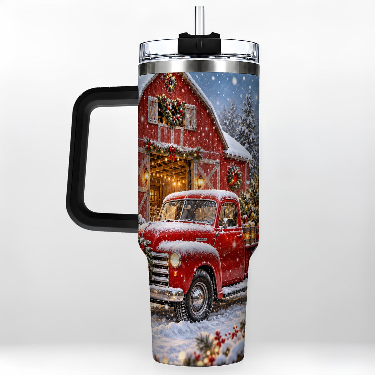 #pl[40oz|Black] Christmas Red Truck 40oz Tumbler with Handle, Snowy Barn Travel Cup