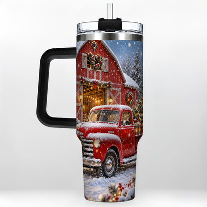 #pl[40oz|Black] Christmas Red Truck 40oz Tumbler with Handle, Snowy Barn Travel Cup