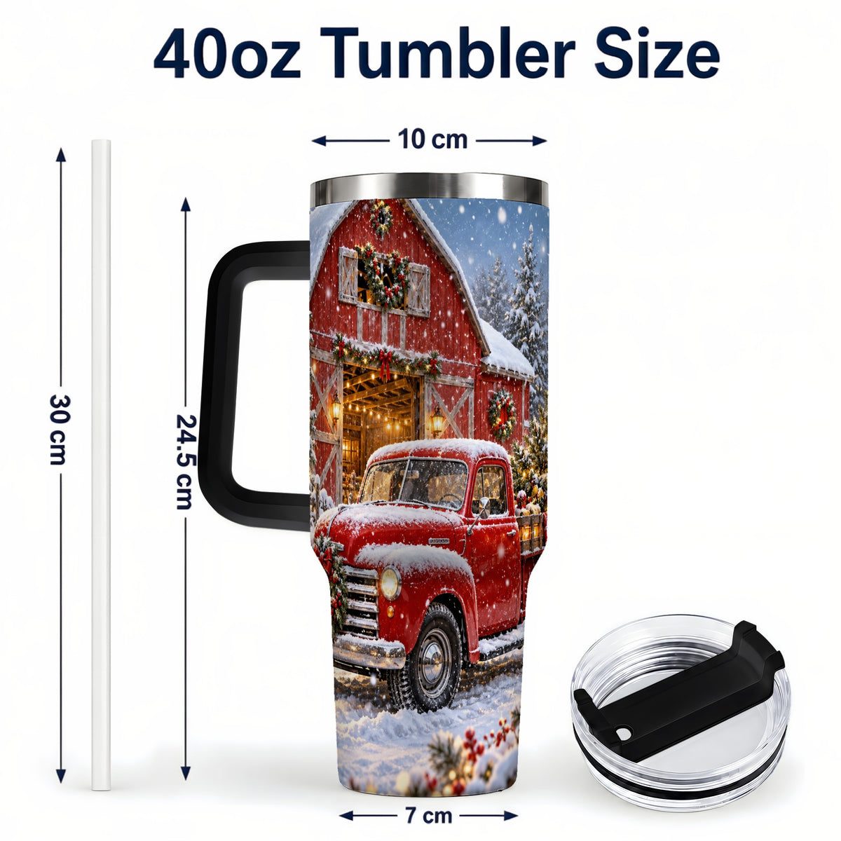 #pl[40oz|Black] Christmas Red Truck 40oz Tumbler with Handle, Snowy Barn Travel Cup
