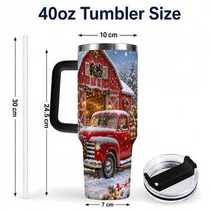 #pl[40oz|Black] Christmas Red Truck 40oz Tumbler with Handle, Snowy Barn Travel Cup