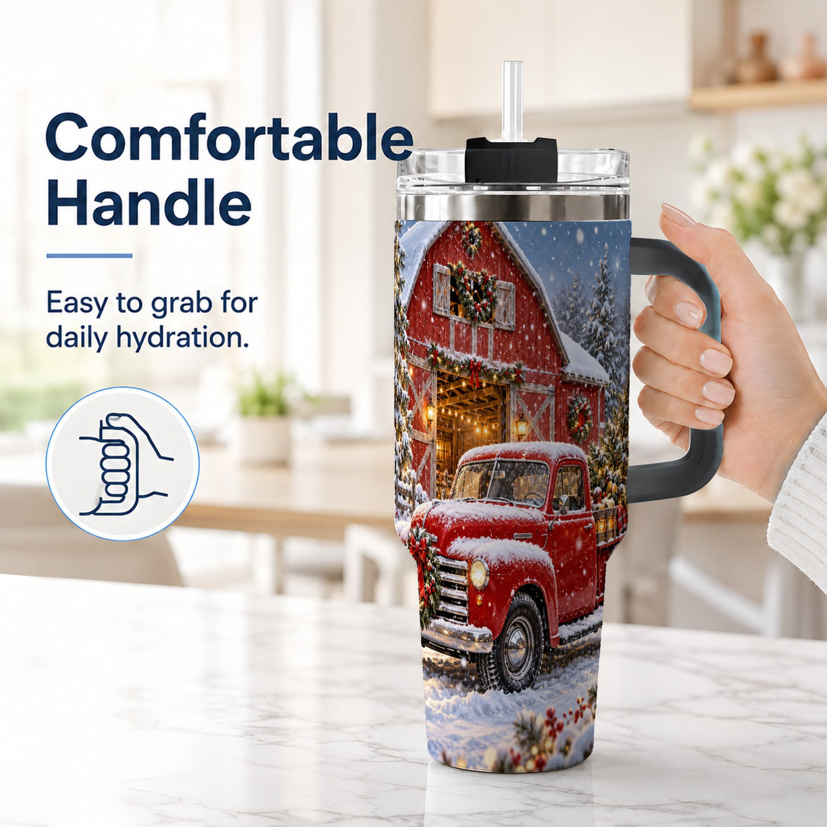 #pl[40oz|Black] Christmas Red Truck 40oz Tumbler with Handle, Snowy Barn Travel Cup