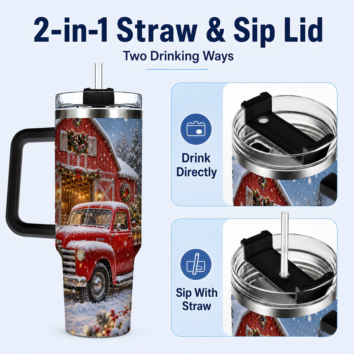 #pl[40oz|Black] Christmas Red Truck 40oz Tumbler with Handle, Snowy Barn Travel Cup