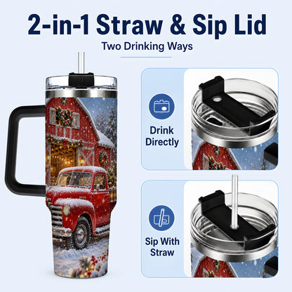 #pl[40oz|Black] Christmas Red Truck 40oz Tumbler with Handle, Snowy Barn Travel Cup