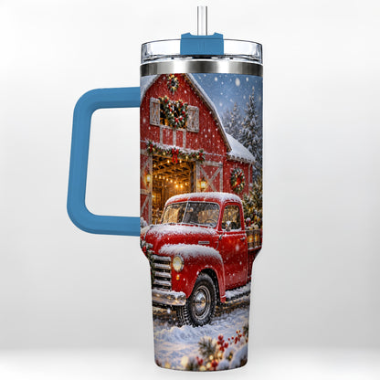#pl[40oz|Blue] Christmas Red Truck 40oz Tumbler with Handle, Snowy Barn Travel Cup