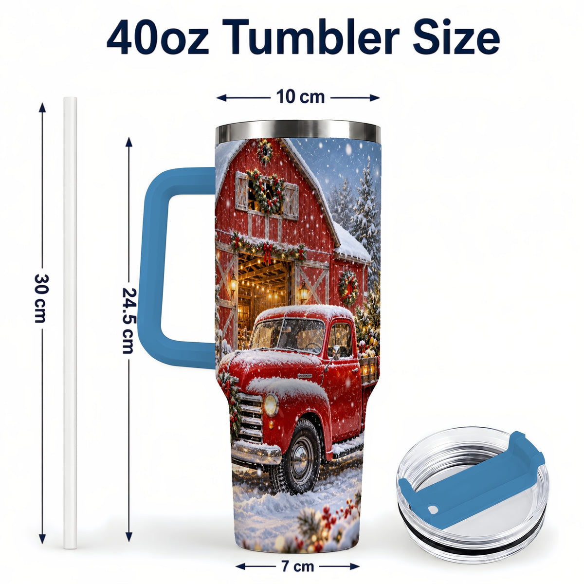 #pl[40oz|Blue] Christmas Red Truck 40oz Tumbler with Handle, Snowy Barn Travel Cup