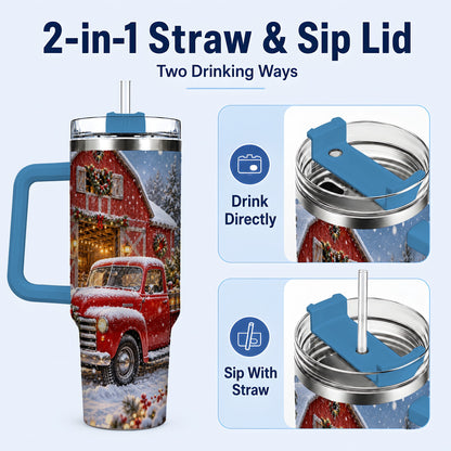 #pl[40oz|Blue] Christmas Red Truck 40oz Tumbler with Handle, Snowy Barn Travel Cup