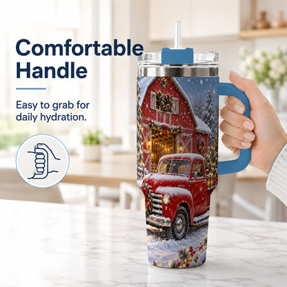 #pl[40oz|Blue] Christmas Red Truck 40oz Tumbler with Handle, Snowy Barn Travel Cup