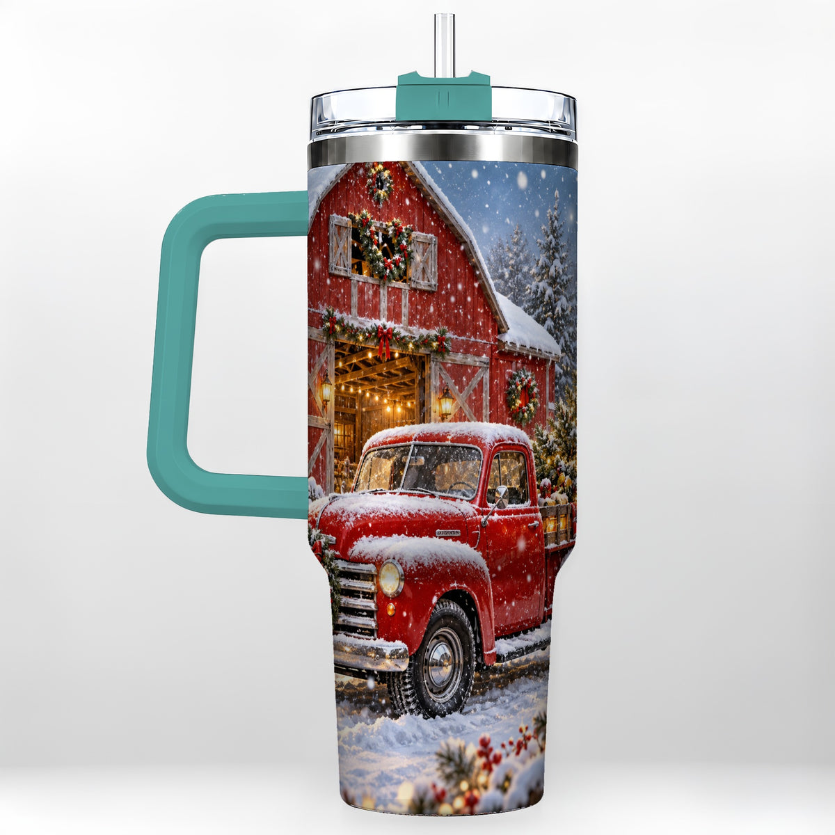 #pl[40oz|Green] Christmas Red Truck 40oz Tumbler with Handle, Snowy Barn Travel Cup