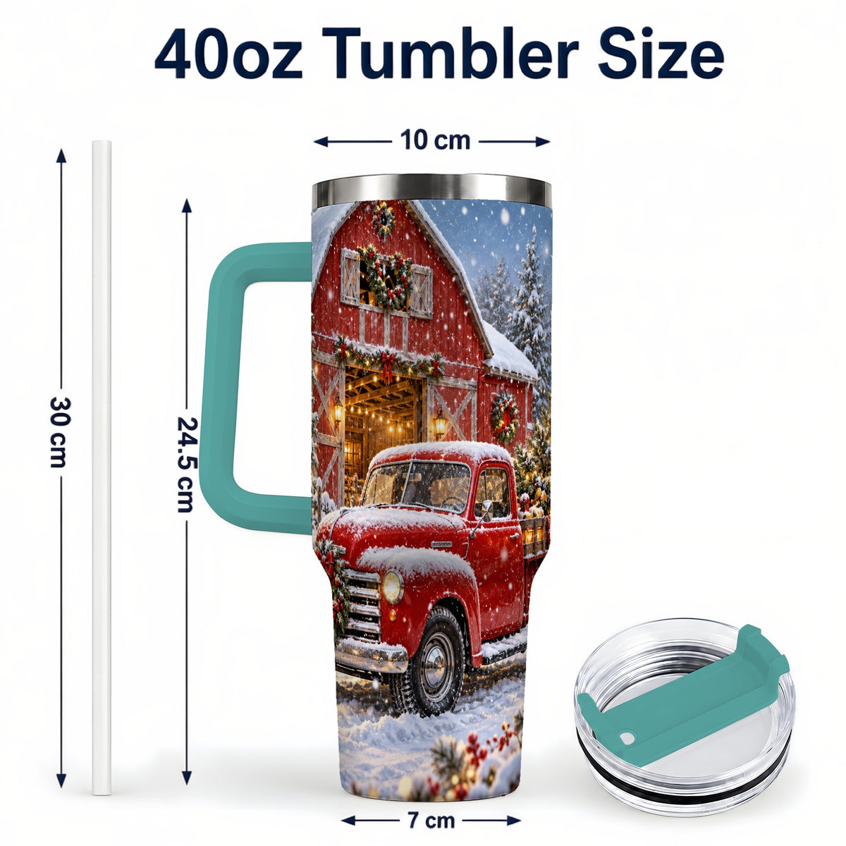 #pl[40oz|Green] Christmas Red Truck 40oz Tumbler with Handle, Snowy Barn Travel Cup