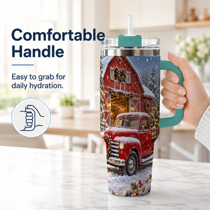 #pl[40oz|Green] Christmas Red Truck 40oz Tumbler with Handle, Snowy Barn Travel Cup