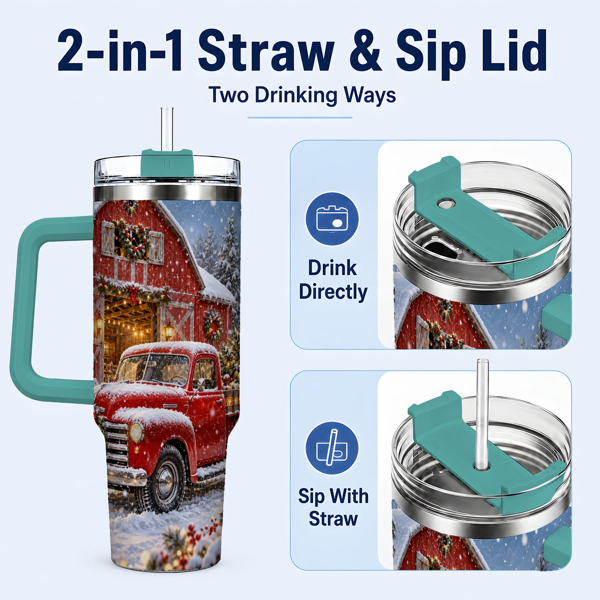 #pl[40oz|Green] Christmas Red Truck 40oz Tumbler with Handle, Snowy Barn Travel Cup