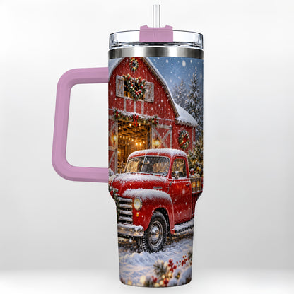 #pl[40oz|Pink] Christmas Red Truck 40oz Tumbler with Handle, Snowy Barn Travel Cup