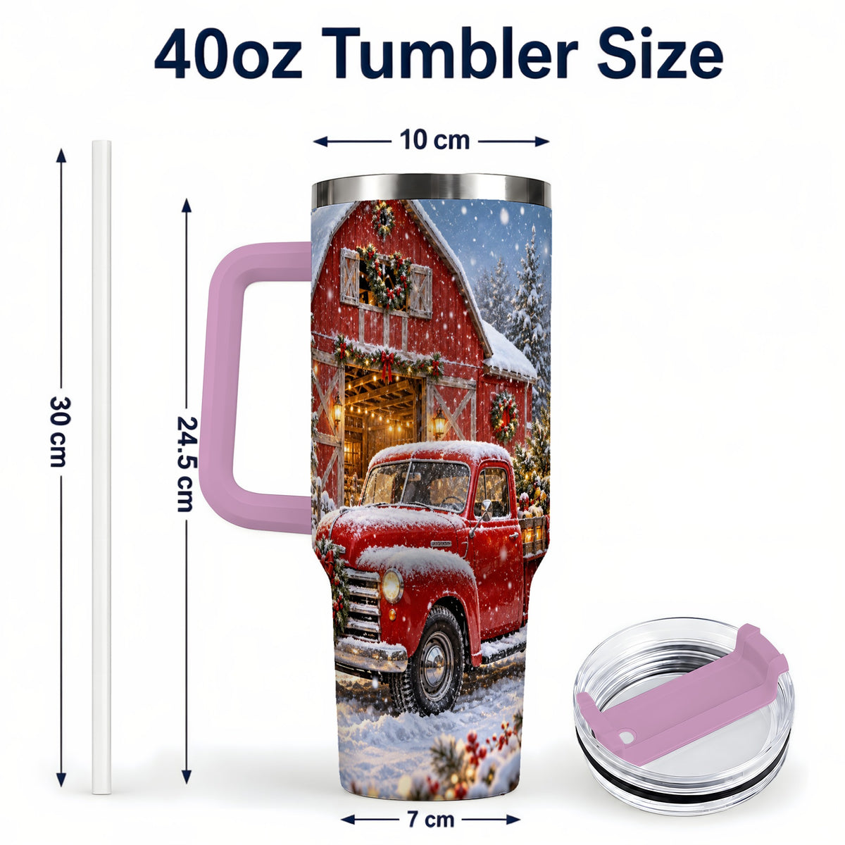 #pl[40oz|Pink] Christmas Red Truck 40oz Tumbler with Handle, Snowy Barn Travel Cup