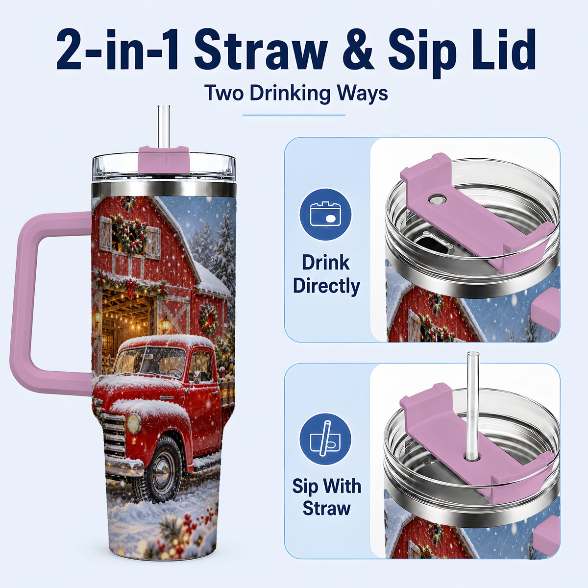 #pl[40oz|Pink] Christmas Red Truck 40oz Tumbler with Handle, Snowy Barn Travel Cup