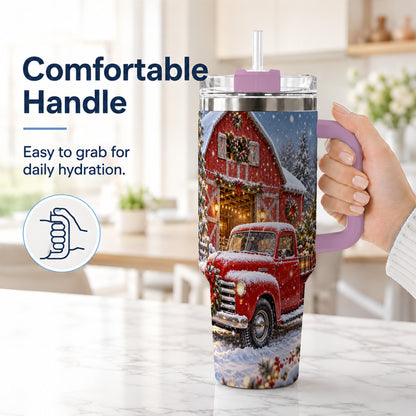#pl[40oz|Pink] Christmas Red Truck 40oz Tumbler with Handle, Snowy Barn Travel Cup
