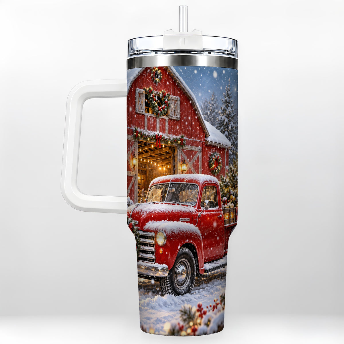 Christmas Red Truck 40oz Tumbler with Handle, Snowy Barn Travel Cup