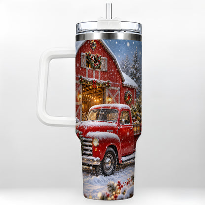Christmas Red Truck 40oz Tumbler with Handle, Snowy Barn Travel Cup