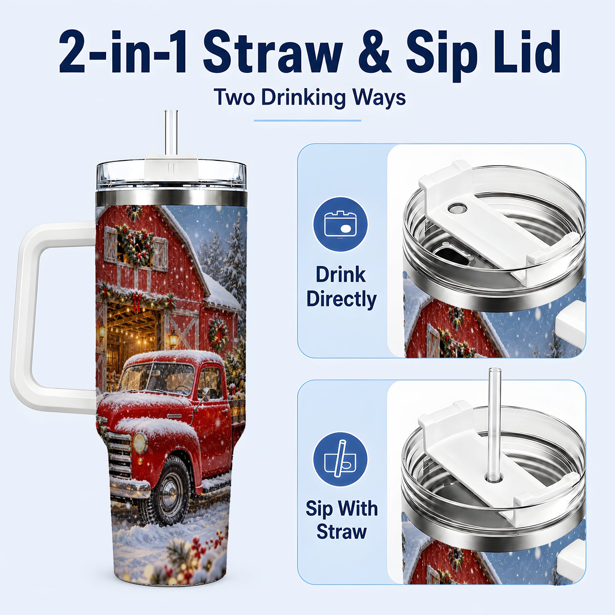 #pl[40oz|White] Christmas Red Truck 40oz Tumbler with Handle, Snowy Barn Travel Cup